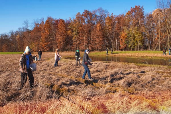 Group of students work together to sprinkle field with seeds