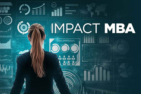 Female standing in front of Impact MBA title