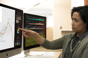 Person pointing at graphs on a computer screen
