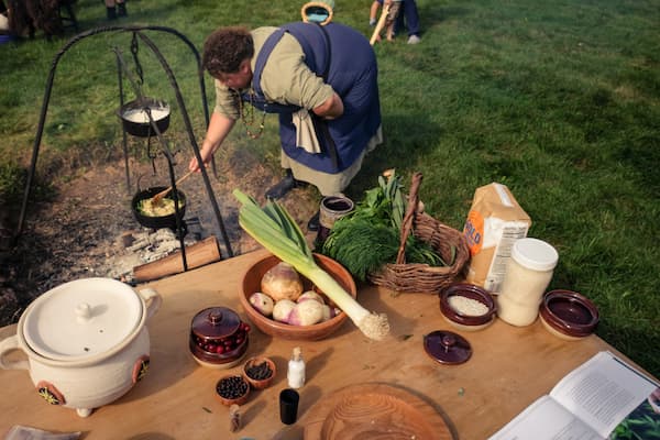 Historic reenactment of viking meal preperation