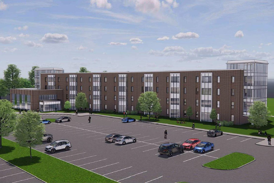 Architectural rendering of the new sophomore apartment building planned for fall 2024