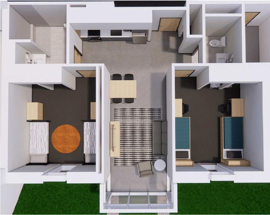 3D rendering of 4-student shared bedroom apartment