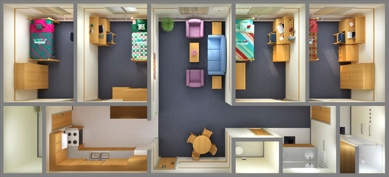 3D rendering of a 4-student private room apartment top view
