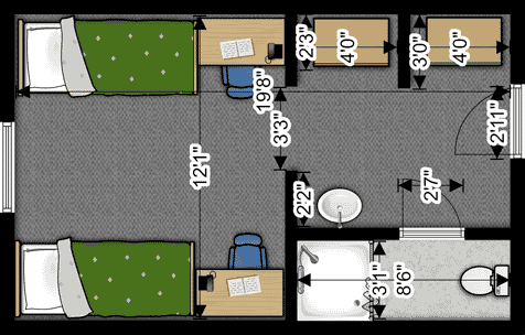 two-dimensional floor-plan of a Downham, Long, Schafer, Small, Temp, Vanderperren, or Warren Hall room