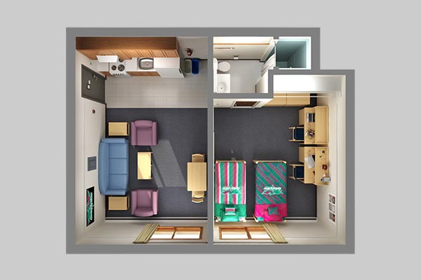 Apartment layout with two students in one bedroom, kitchen, living room and bathroom
