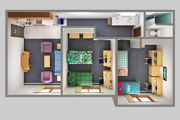 Apartment layout for four students in two bedrooms, a kitchen, living room & bathroom