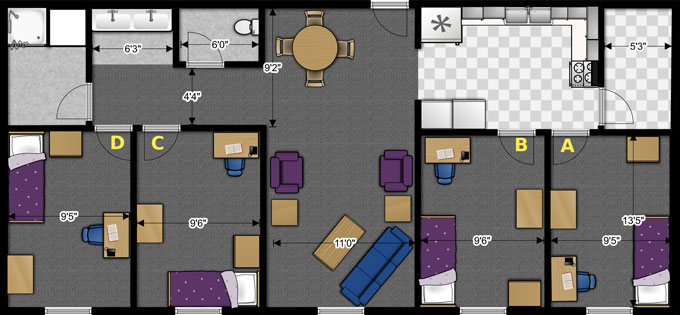 two-dimensional floor-plan of a 4-bedroom apartment in Liebl Hall and Heavers Hall