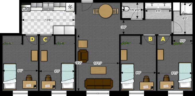 two-dimensional floor-plan of a 4-bedroom apartment in Pamperin Hall