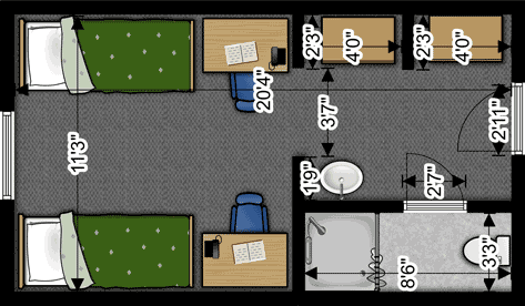 two-dimensional floor-plan of a dorm room in Ted Lenfestey, Josephine Lenfestey, Arlene Walter and Bryon Walter Halls