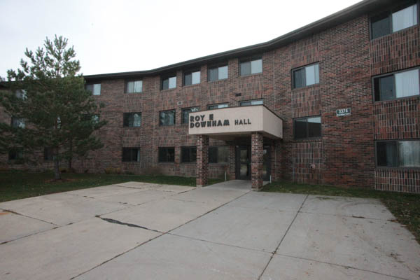 The main entrance of Roy E. Downham Hall