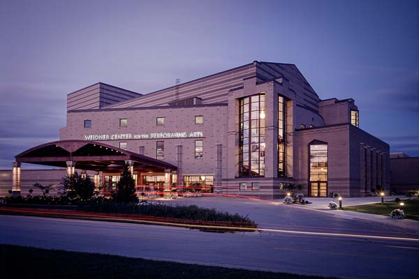 Exterior of the Weidner Center at evening