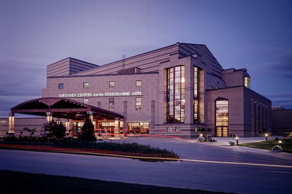 Exterior of the Weidner Center at evening