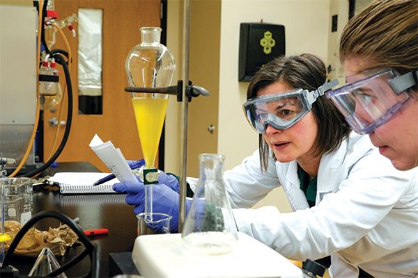 Chemistry students examine a beaker during a lab experiment