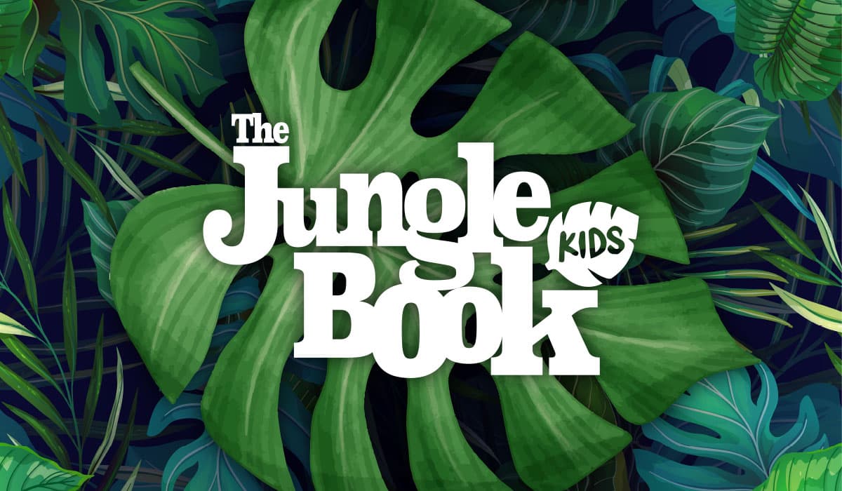 Tropical leaves with text Jungle Book Kids