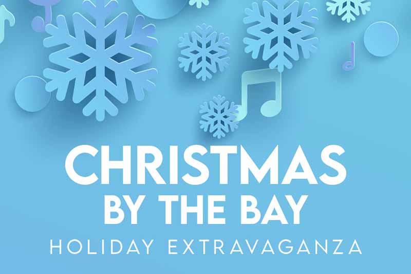 Christmas by the Bay blue background with snowflakes and music notes