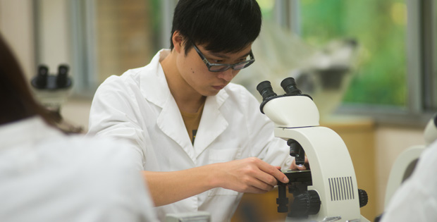 Student in lab coat looking through microscope
