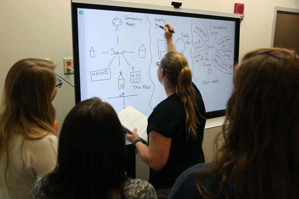Students make diagram of neighborhood in skills lab