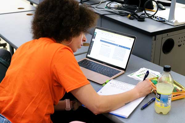 Student works at computer in class