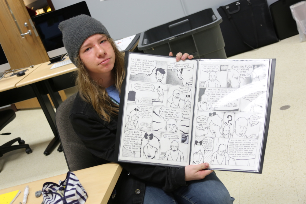 Student with comic book illustration