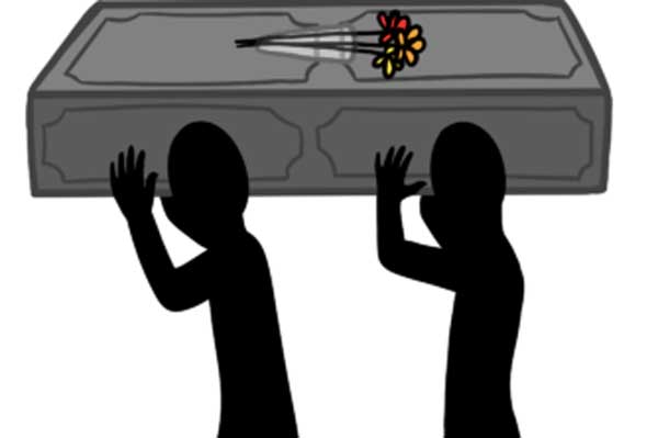 Silhouettes carrying casket, illustration for Call Me Morgue