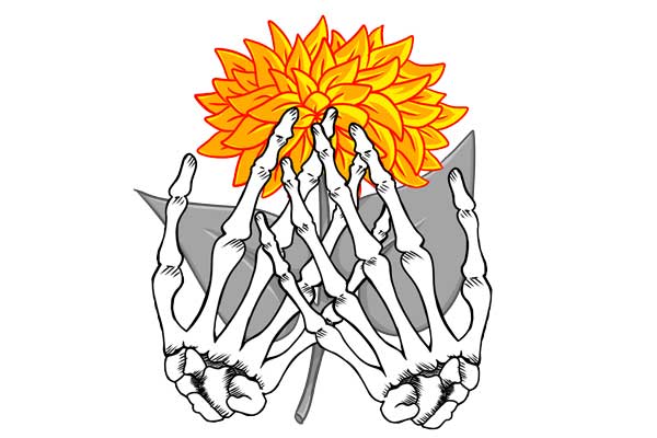 Skeletal hands holding flower, illustration for Call Me Morgue