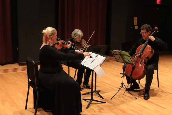 A group of three musicians, playing violin, viola and cello