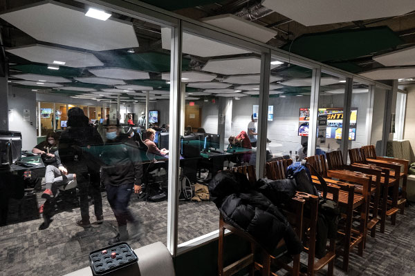 Students hanging out inside the Gaming Lounge