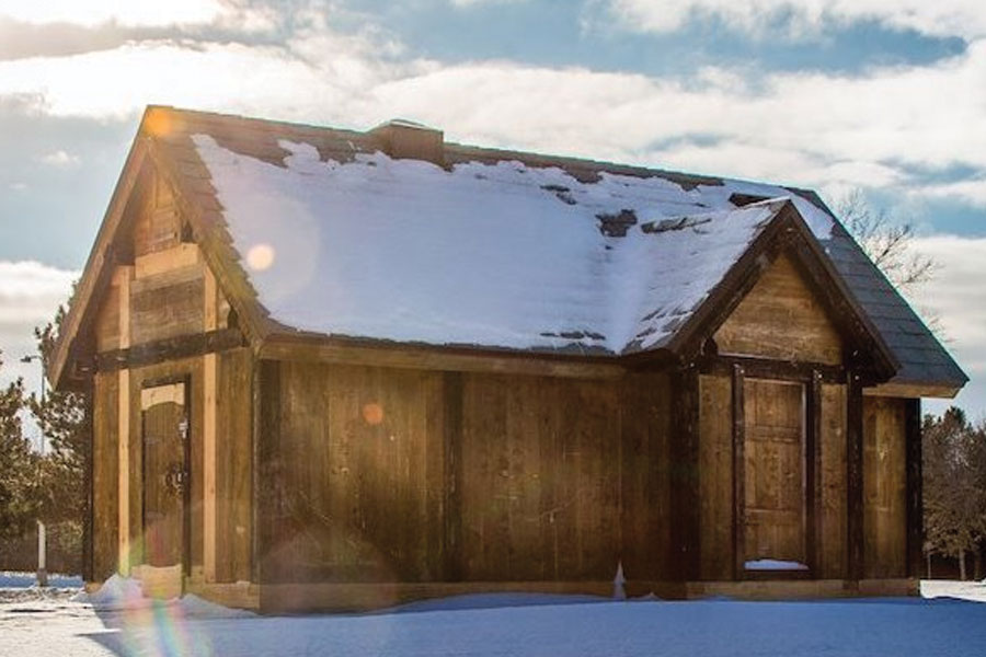 The Viking House in Winter during sunrise.