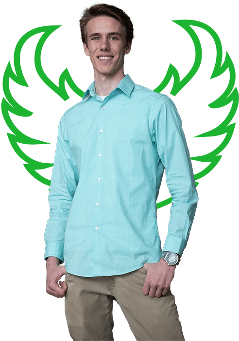 Jordan Cioni trying on his UWGB wings.