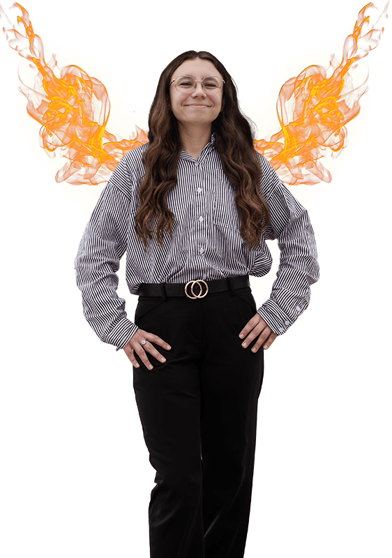 Reyna Barske trying on her Phoenix wings.