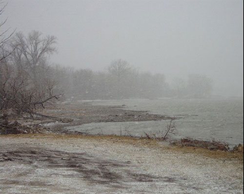 snowy shoreline.
