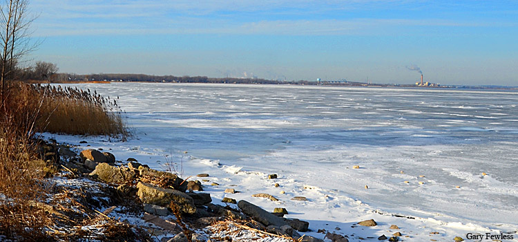 Green Bay from UWGB looking west toward Highway I43 and Pulliam power plant at Fox River mouth