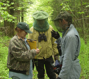 Volunteers in protective mosquito gear. Photo by R. Howe.