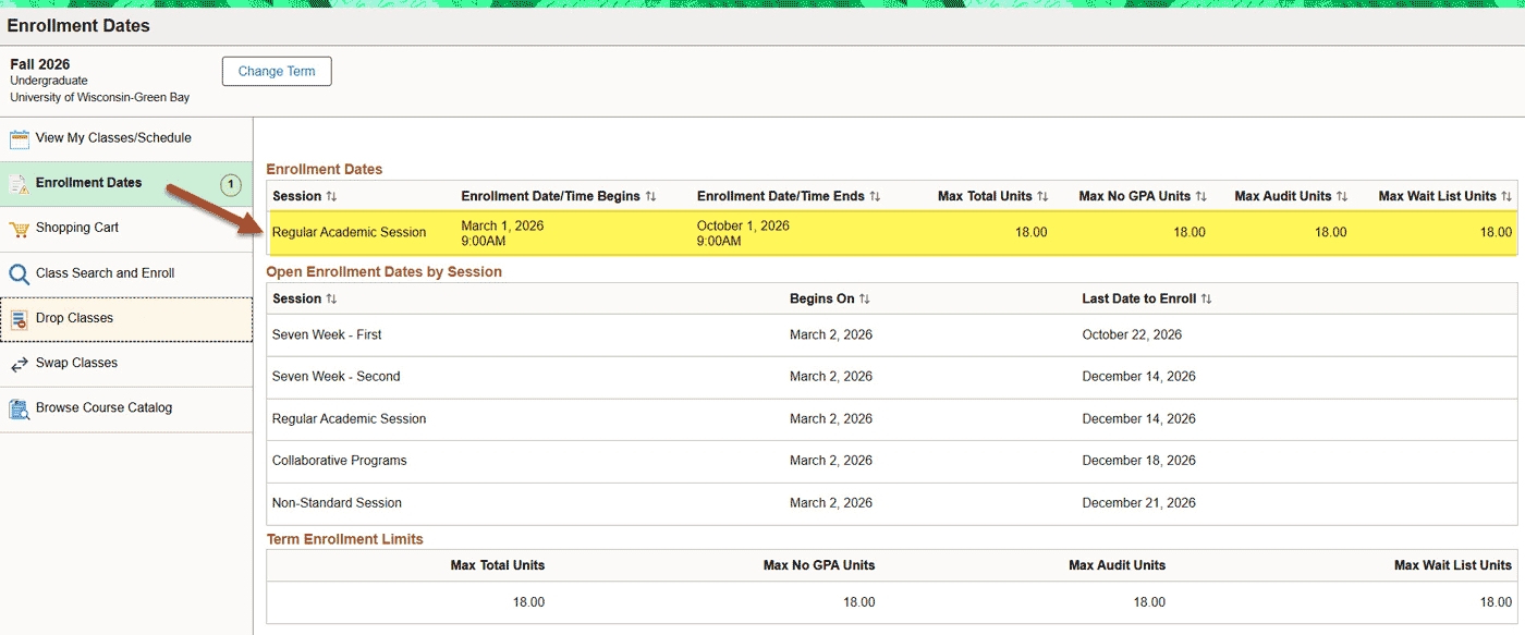 Checking enrollment dates for each term under enrollment appointments.