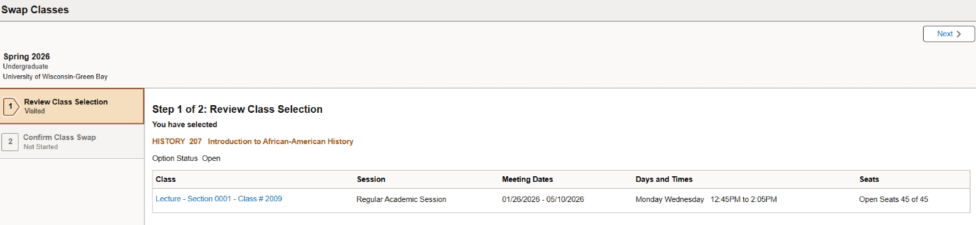 Review class swap selection.
