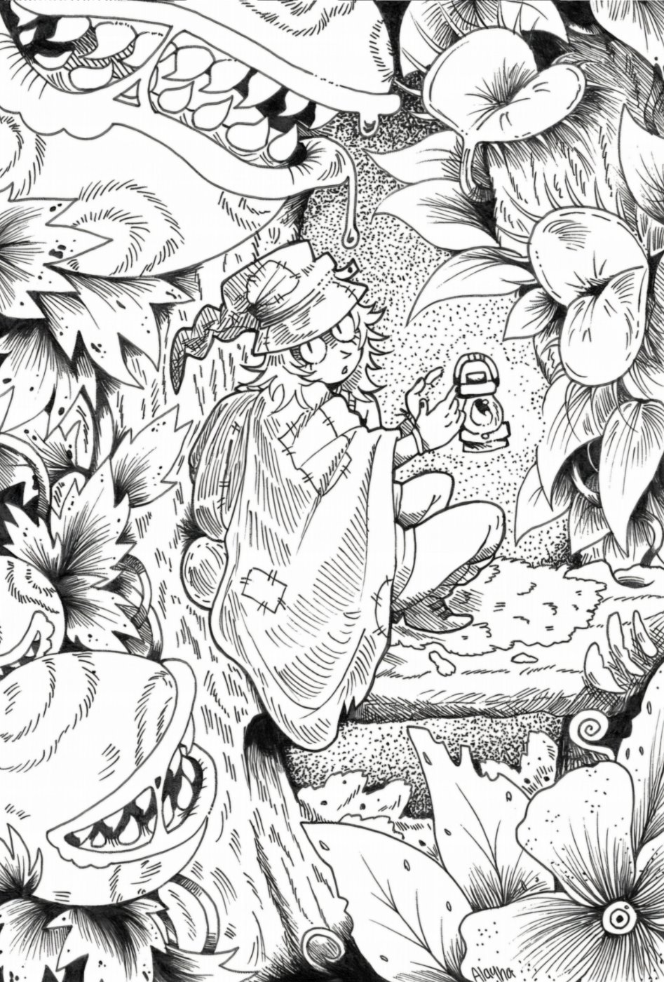 Pen and ink drawing of an elf sitting among giant flowers and Venus flytrap plants.