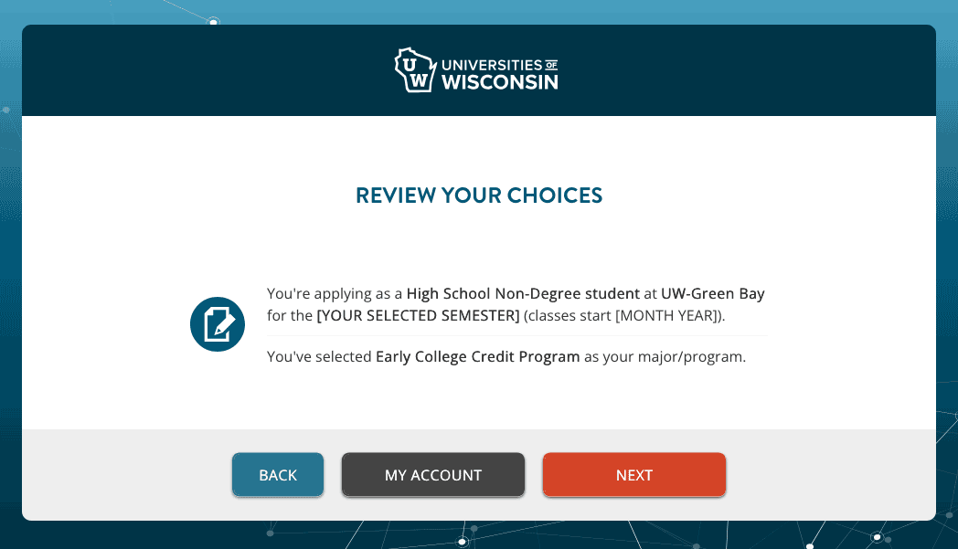 screen shot of application showing the text review your choices with example summary of choices