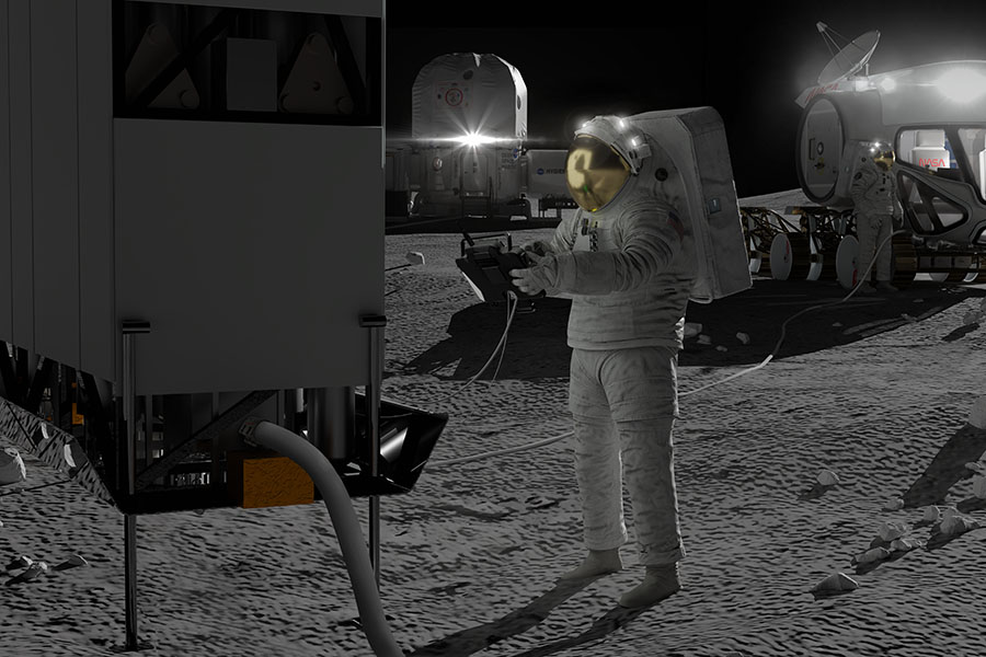 astronaut in foreground with FSP in background