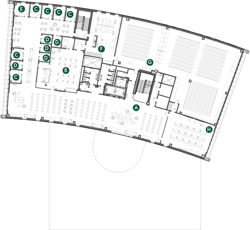Fourth-floor plan of the Cofrin Technology & Education Center showing archives, study rooms, and open seating areas available for naming opportunities. Lettered markers correspond to the naming‑opportunities table on the page. The outline of the roof terrace from Level 3 appears faintly beneath the plan.