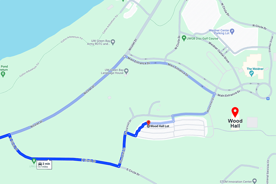 Screenshot of google map showing routes to the Wood Hall Lot.
