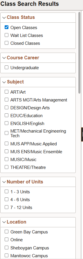 Class search results filters