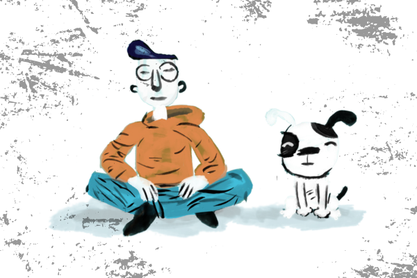 Animated image of a person sitting cross legged and a dog also sitting next to the person. Some artistic gray blotches surrounding the image.
