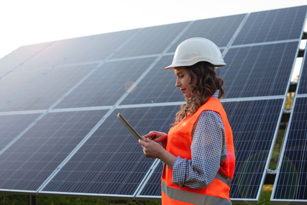 Female in hard hat works on solar panel