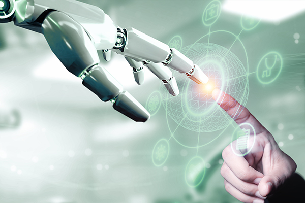 Robot hand touching human hand through a screen