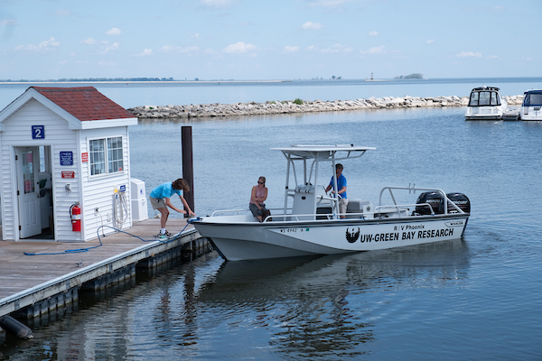 UW-Green Bay's research boat launching into water