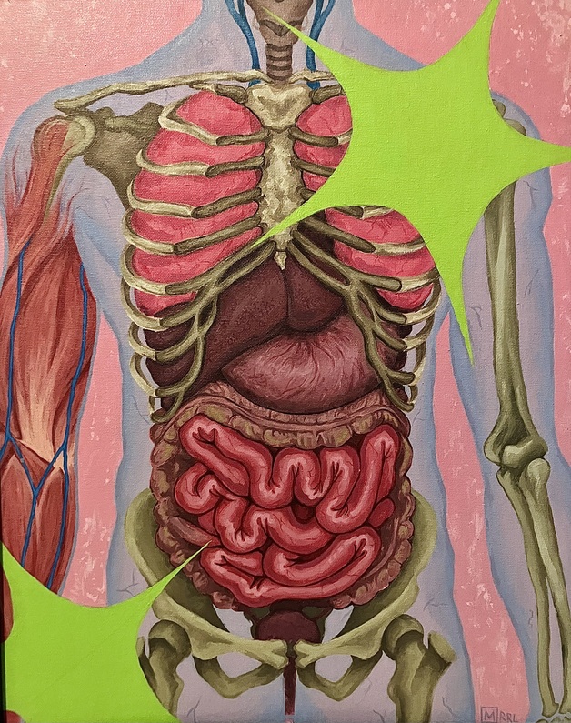 Digital art of a human torso with visible organs and green starbursts around it.