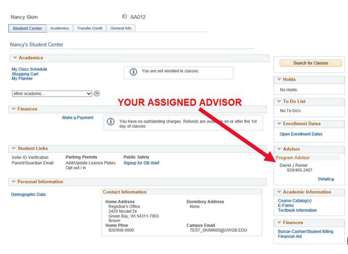 SIS student center screen with an arrow pointing to where your assigned advisor's name and phone number under Advisor
