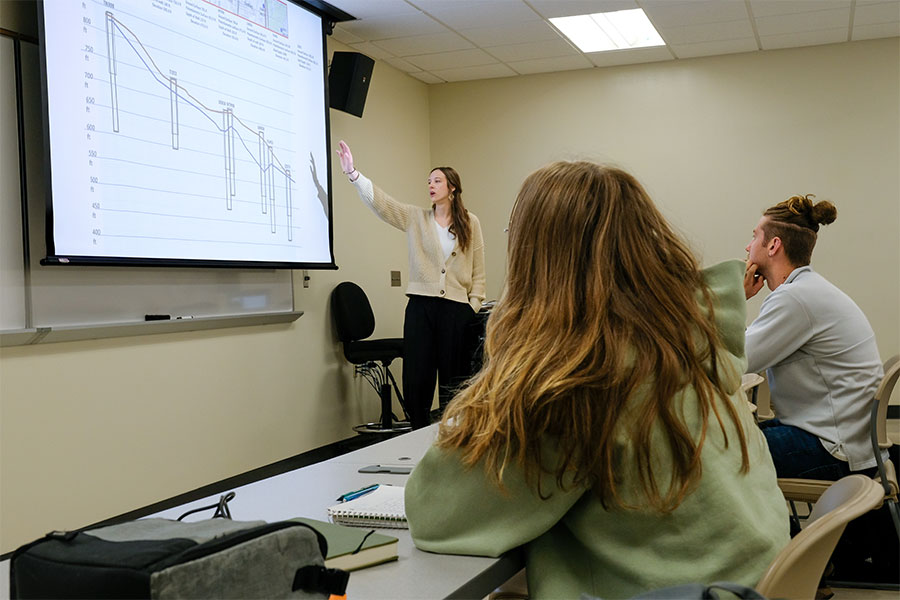 Graduate students learn hydrogeology concepts during an Environmental Science and Policy class.