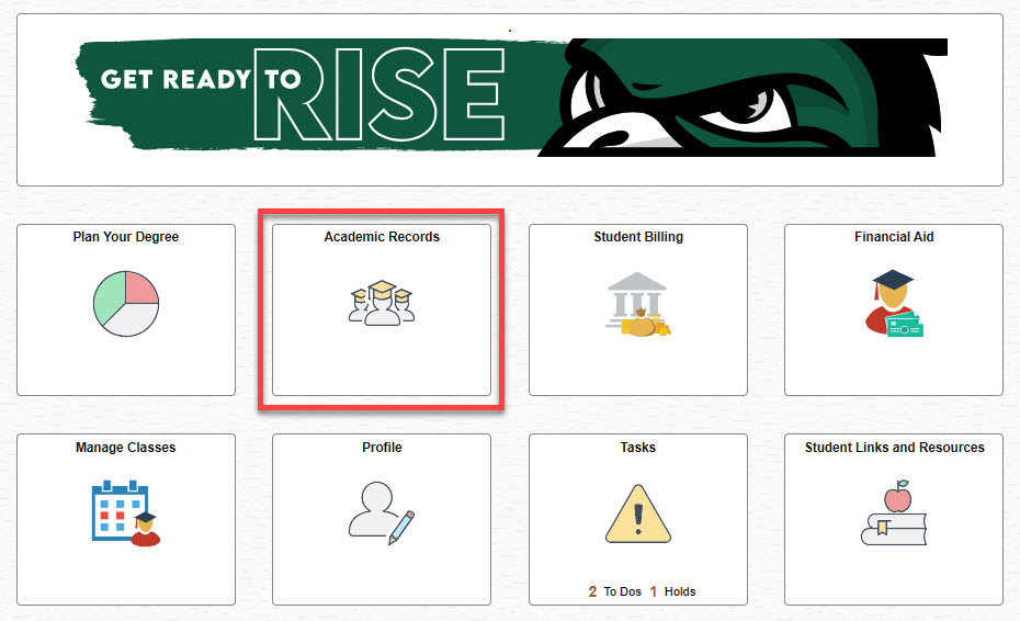 The SIS Fluid Homepage with a red box outlining the Academic Records tile.