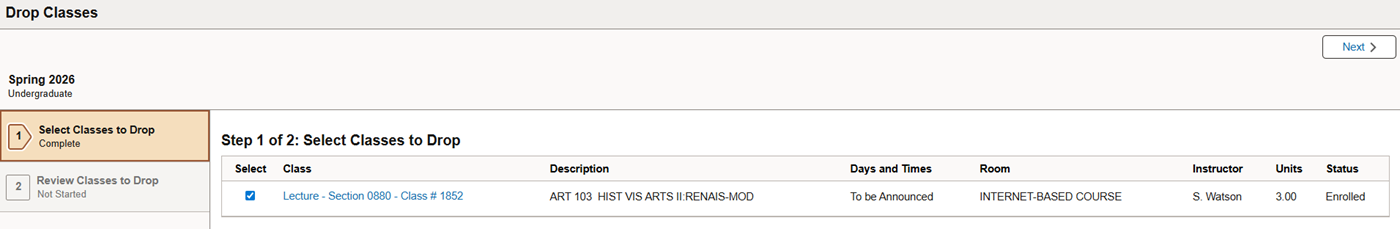 Select classes to drop.